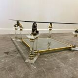 Table basse vintage française en lucite et verre avec lions en laiton, années 1980