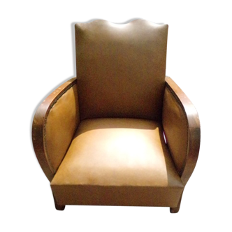 Leatherette and wood armchair moustache model