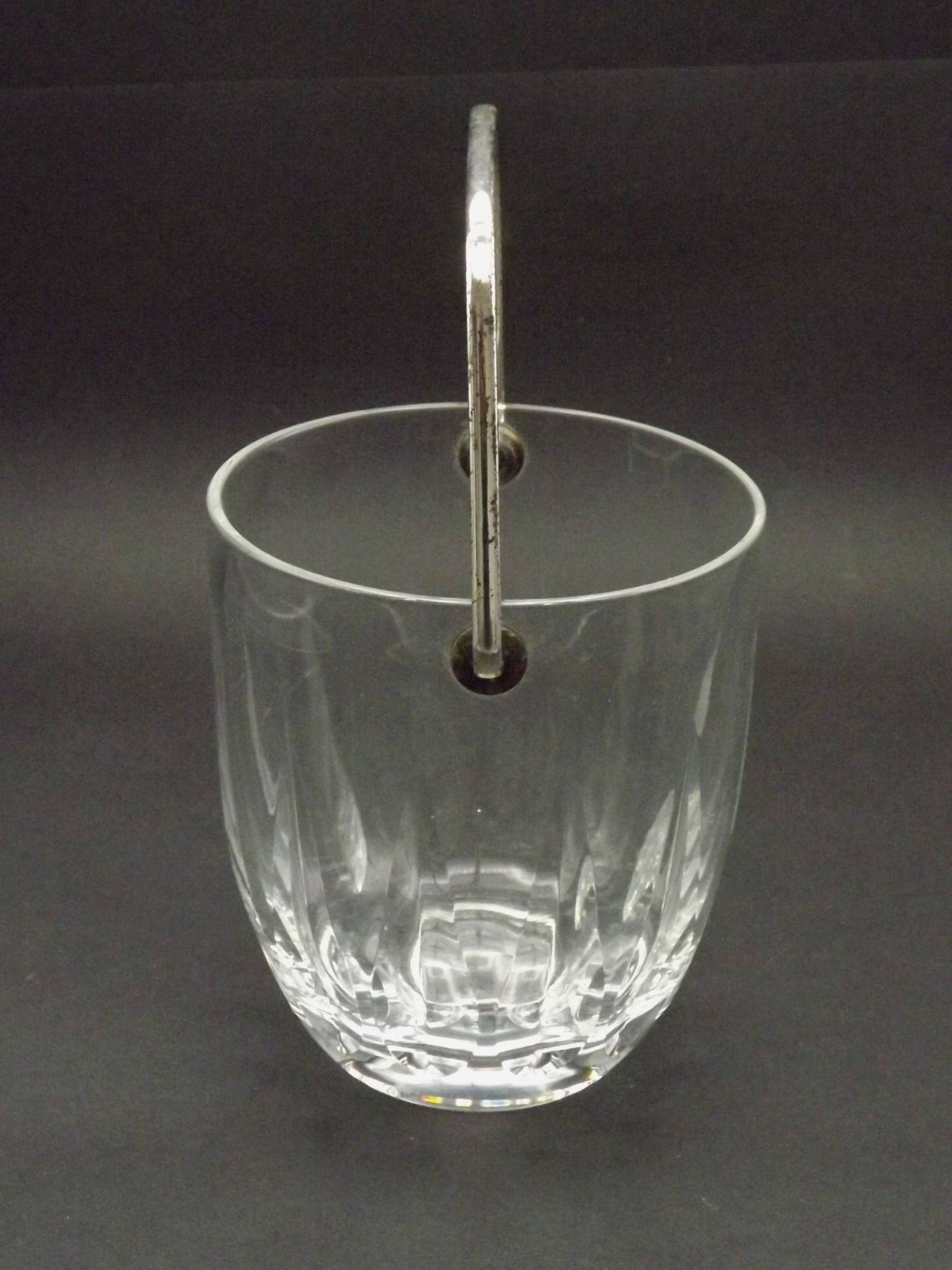 Vintage French heavy cut glass ice bucket with silver metal carry handle 4504.