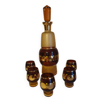 Vintage 70's art deco revival liqueur service in smoked glass and gilding