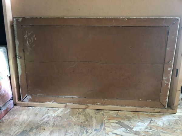 Ancien tableau huile sur panneau p. foy chasse à cour + cadre bois blanc vintage