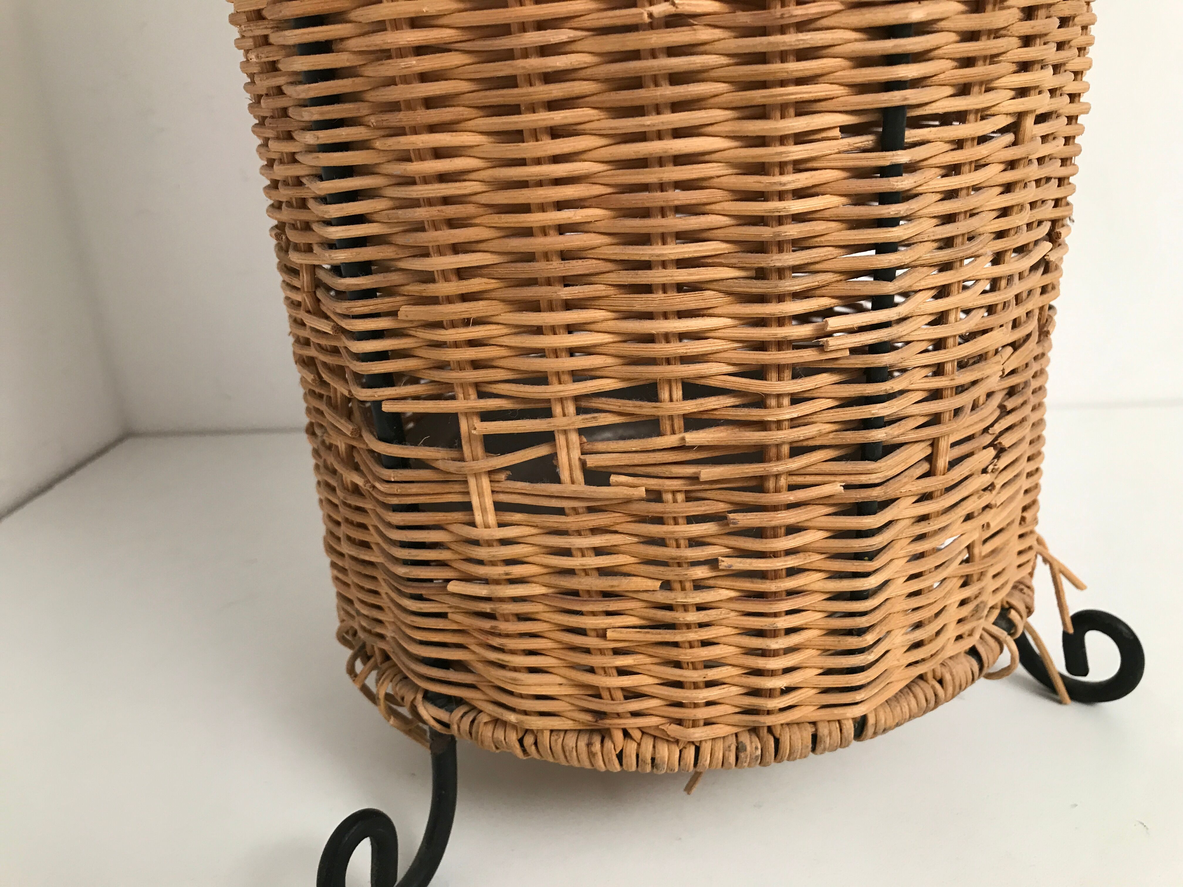 Vintage rattan and wrought iron umbrella holder