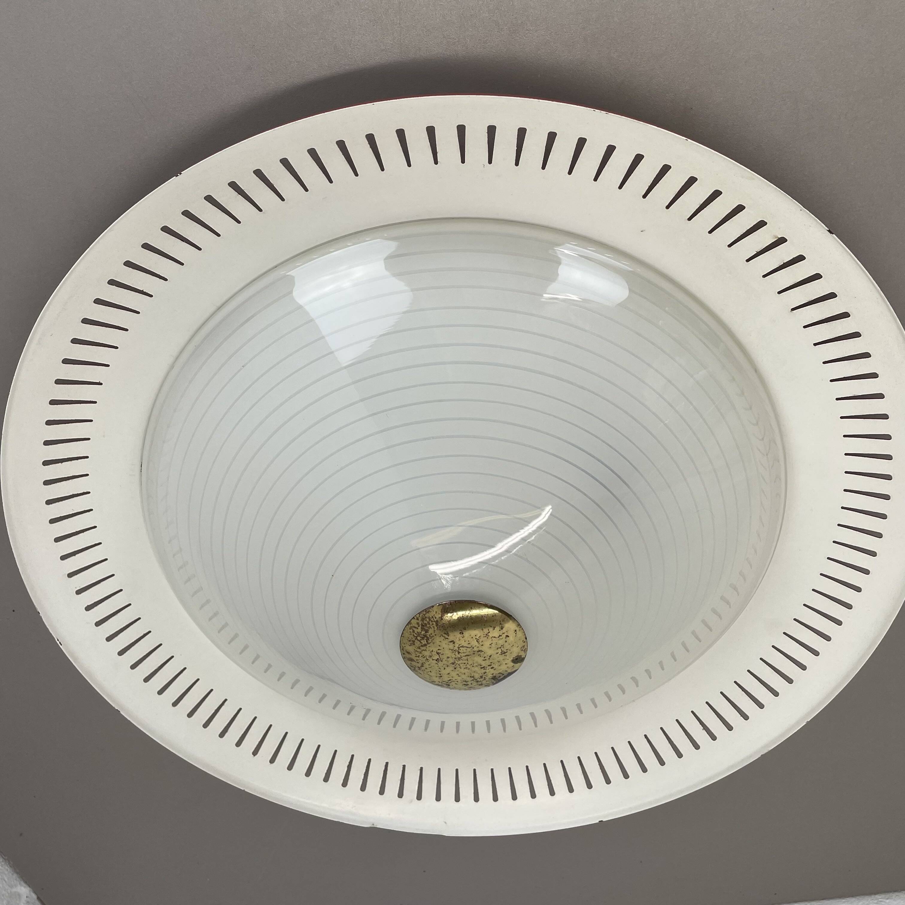 Modernist Stilnovo Style Metal glass Ceiling Flushmount Light, Italy 1950s