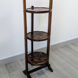 Table pliante vintage triple plateaux gravés en bois exotique 89 cm