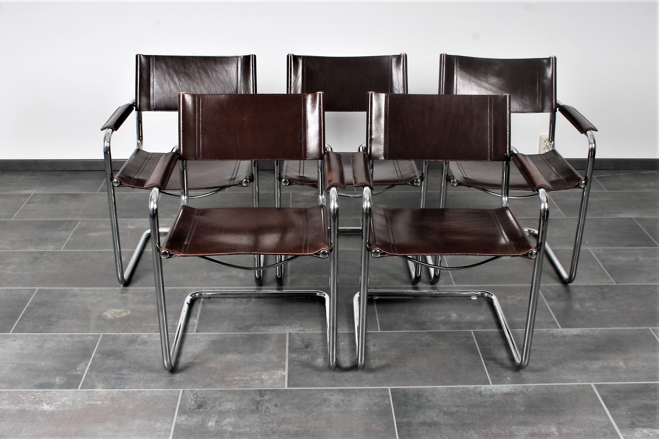 Set of 5 Cantilever MG5 chairs by Matteo Grassi in brown leather
