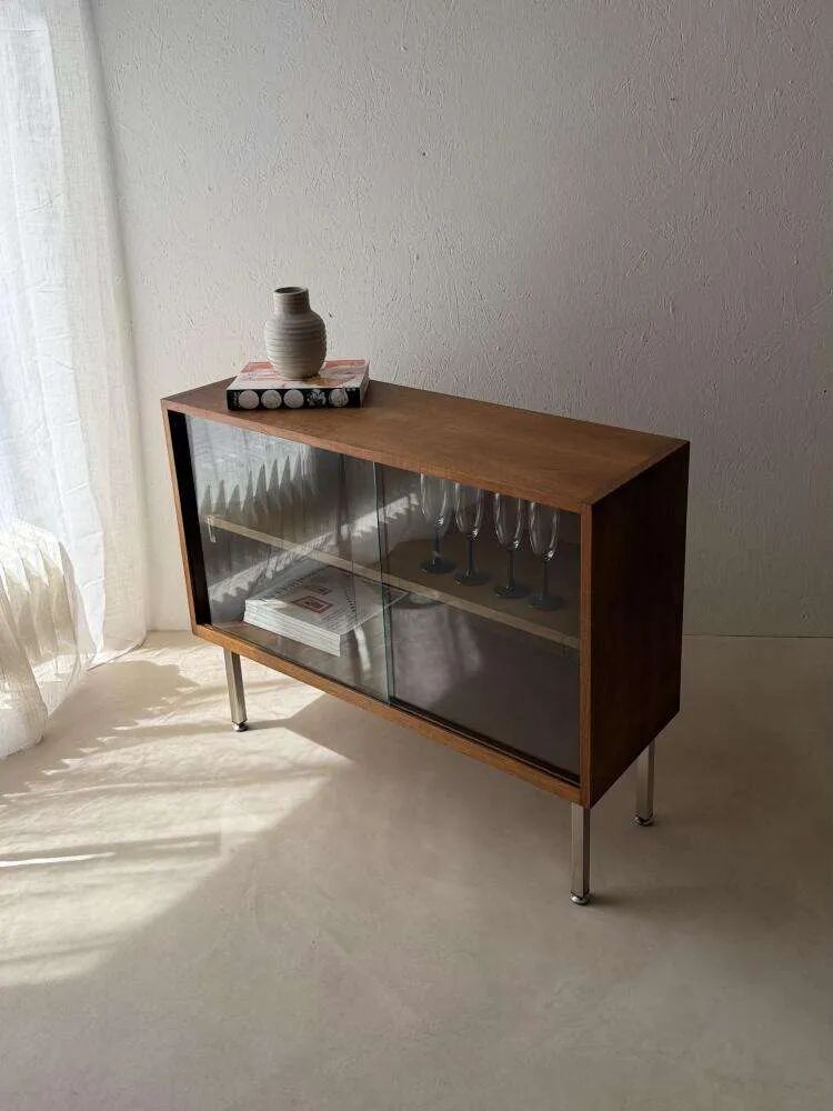 Walnut display cabinet from the 60s with smoked glass