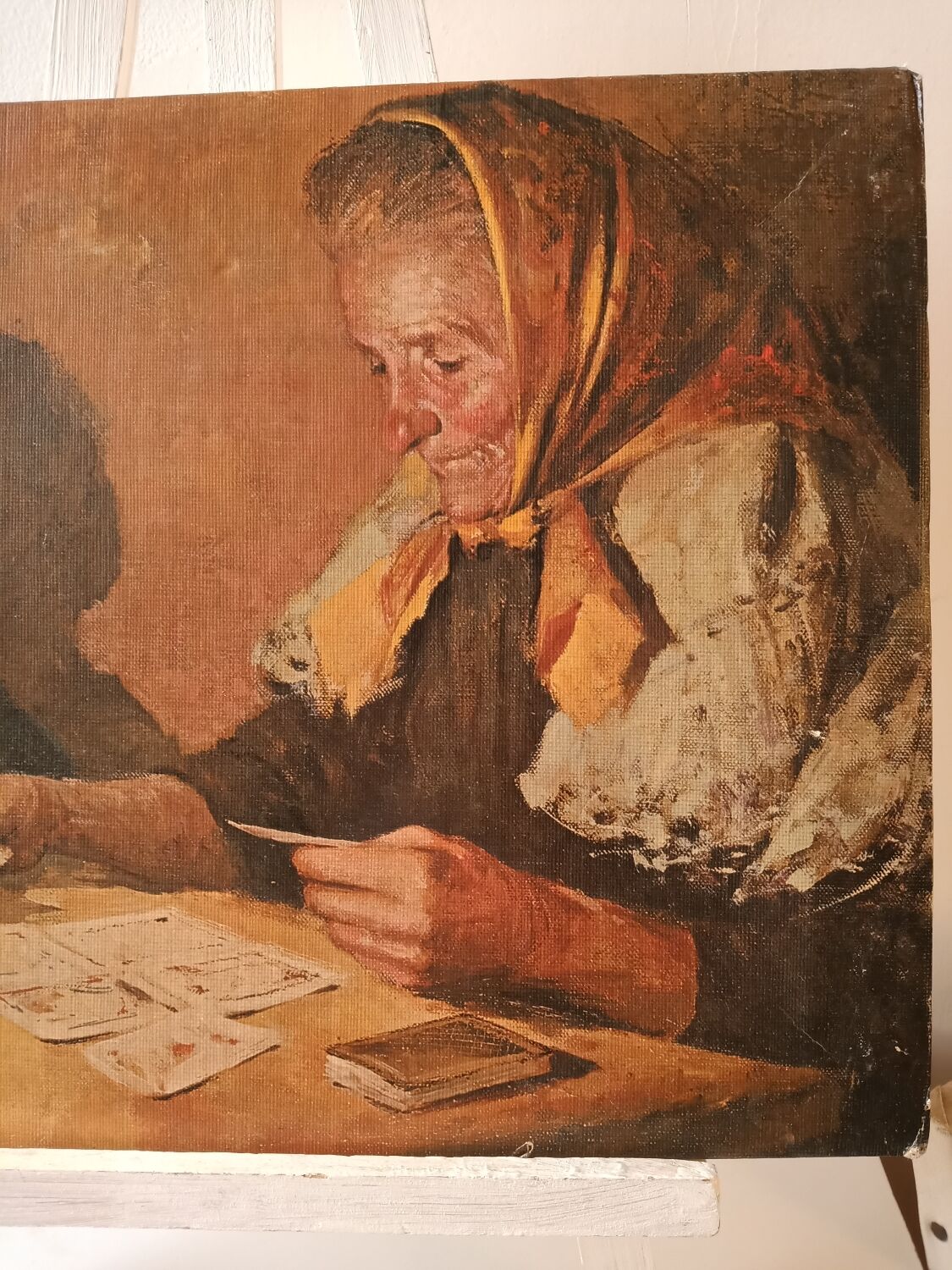 Reproduction of a painting the lady who shows the cards a little girl signed