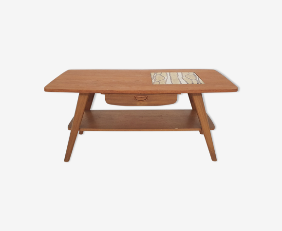 Mid-century teak coffee table with tiles and drawer, 1950