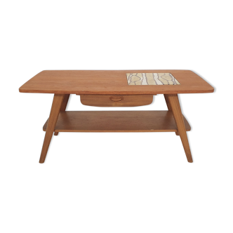 Mid-century teak coffee table with tiles and drawer, 1950