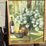 Canvas bouquet camaïeu of green signed Bourrat frame raw wood