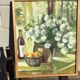 Toile bouquet camaïeu de vert signé Bourrat cadre bois brut
