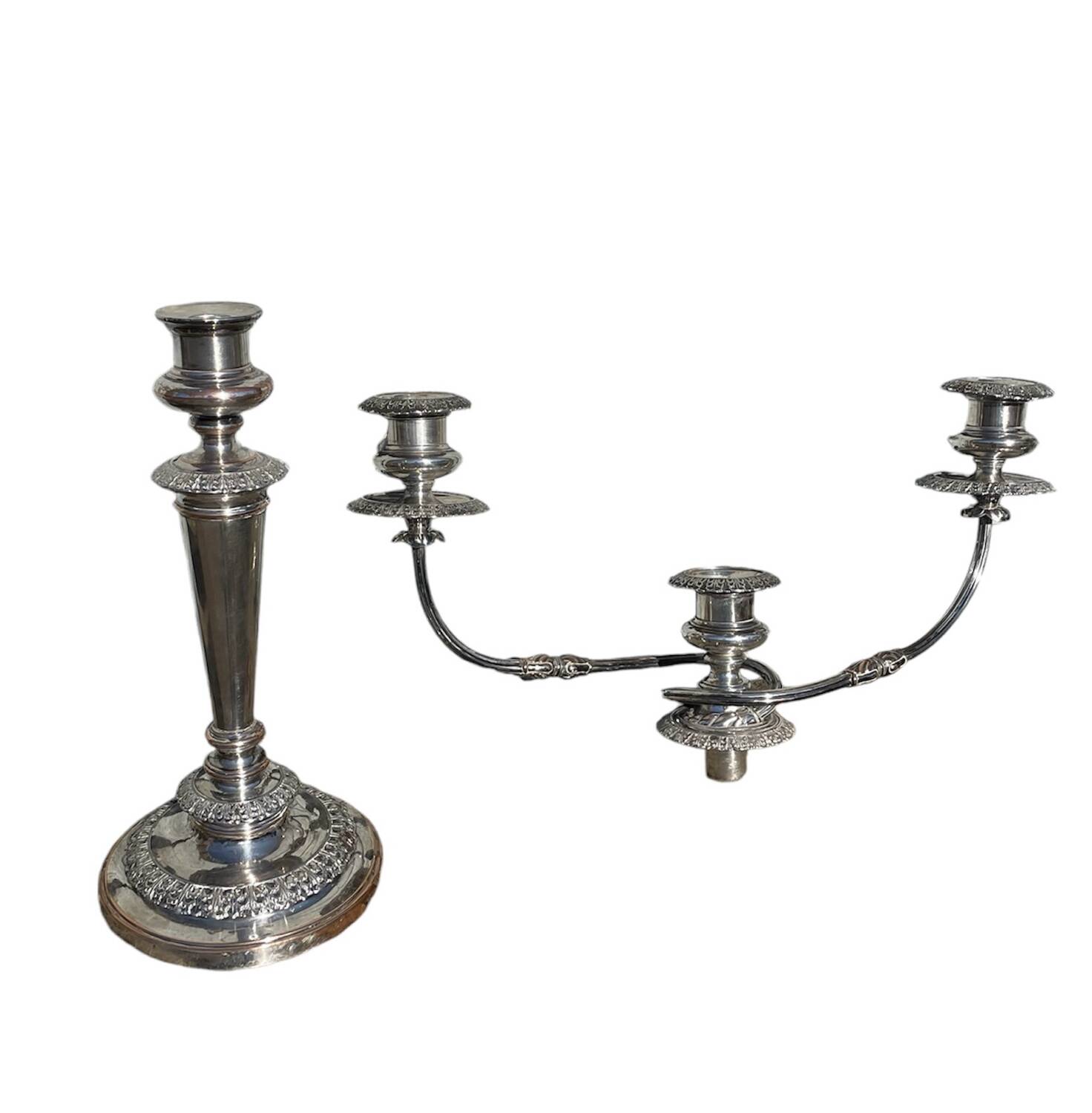 Pair of convertible three-light candelabra in silver-plated metal.