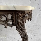 Console victorienne en demi-lune en métal brun avec plateau en marbre blanc veiné