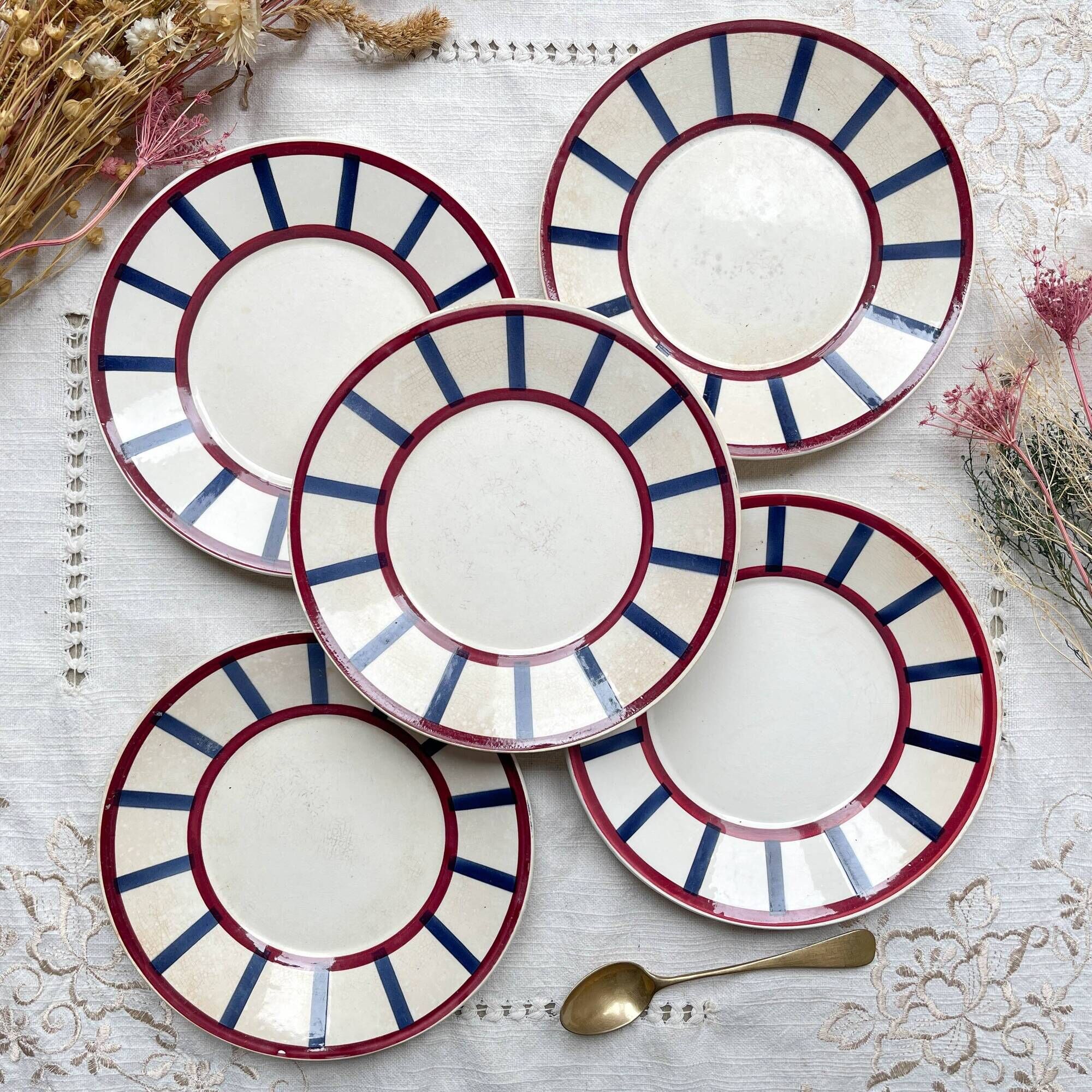 5 Small Vintage French Plates Terre de Fer HBCM Béarn blue and red stripes