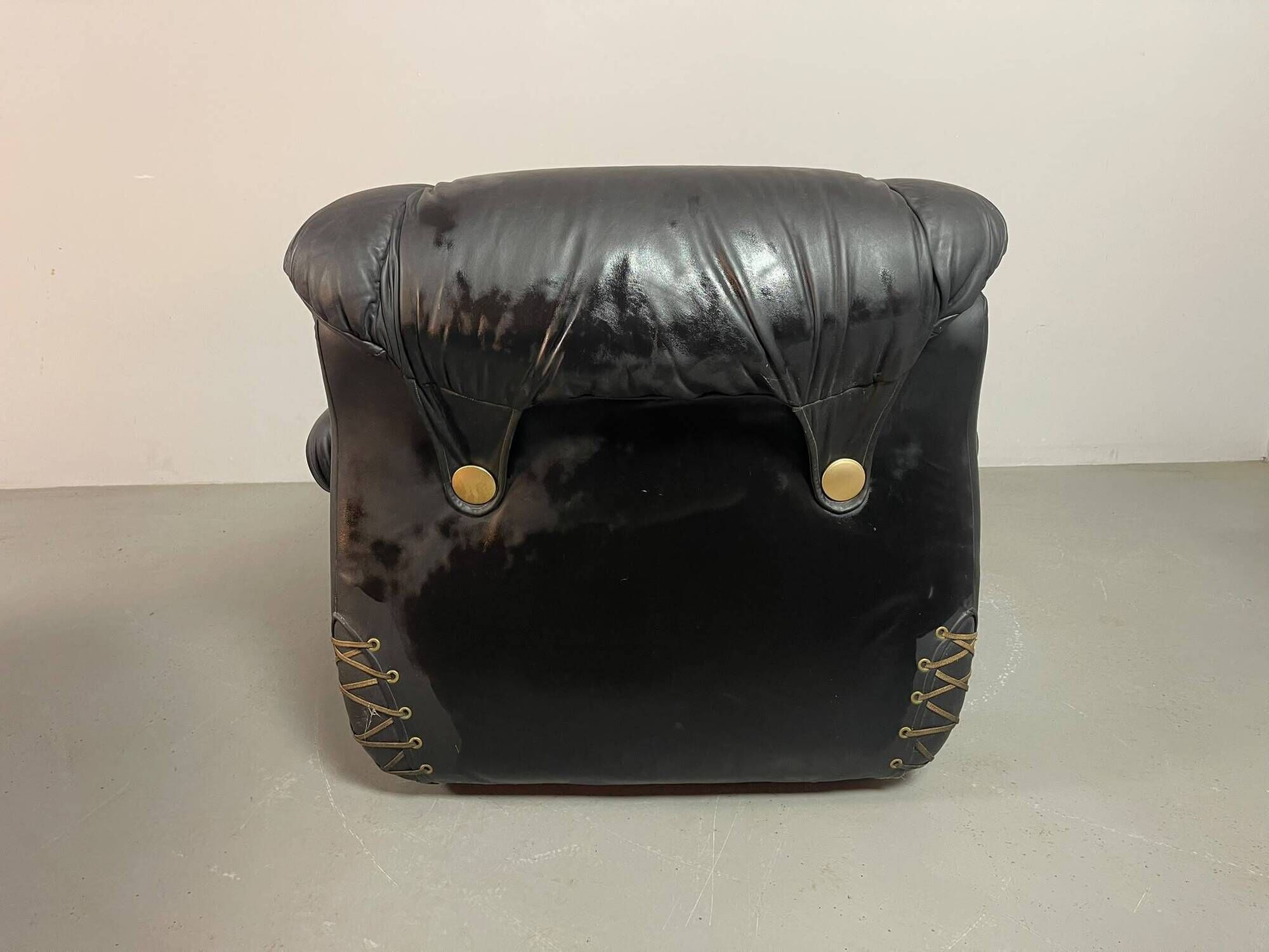 Large Set of Italian Space Age Black Leather Lounge Chairs with Brass