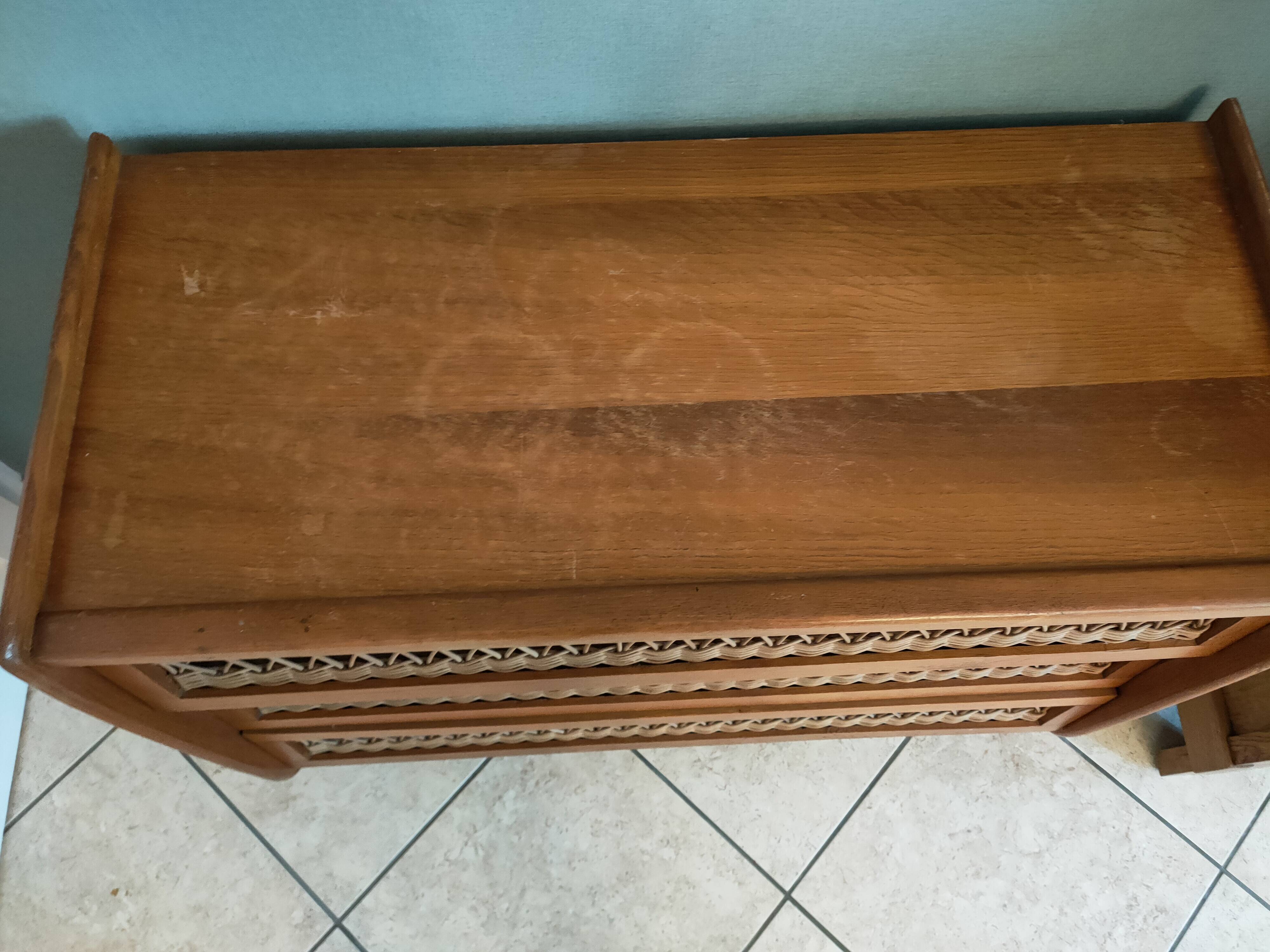 Vintage rattan and oak chest of drawers from the 1960s
