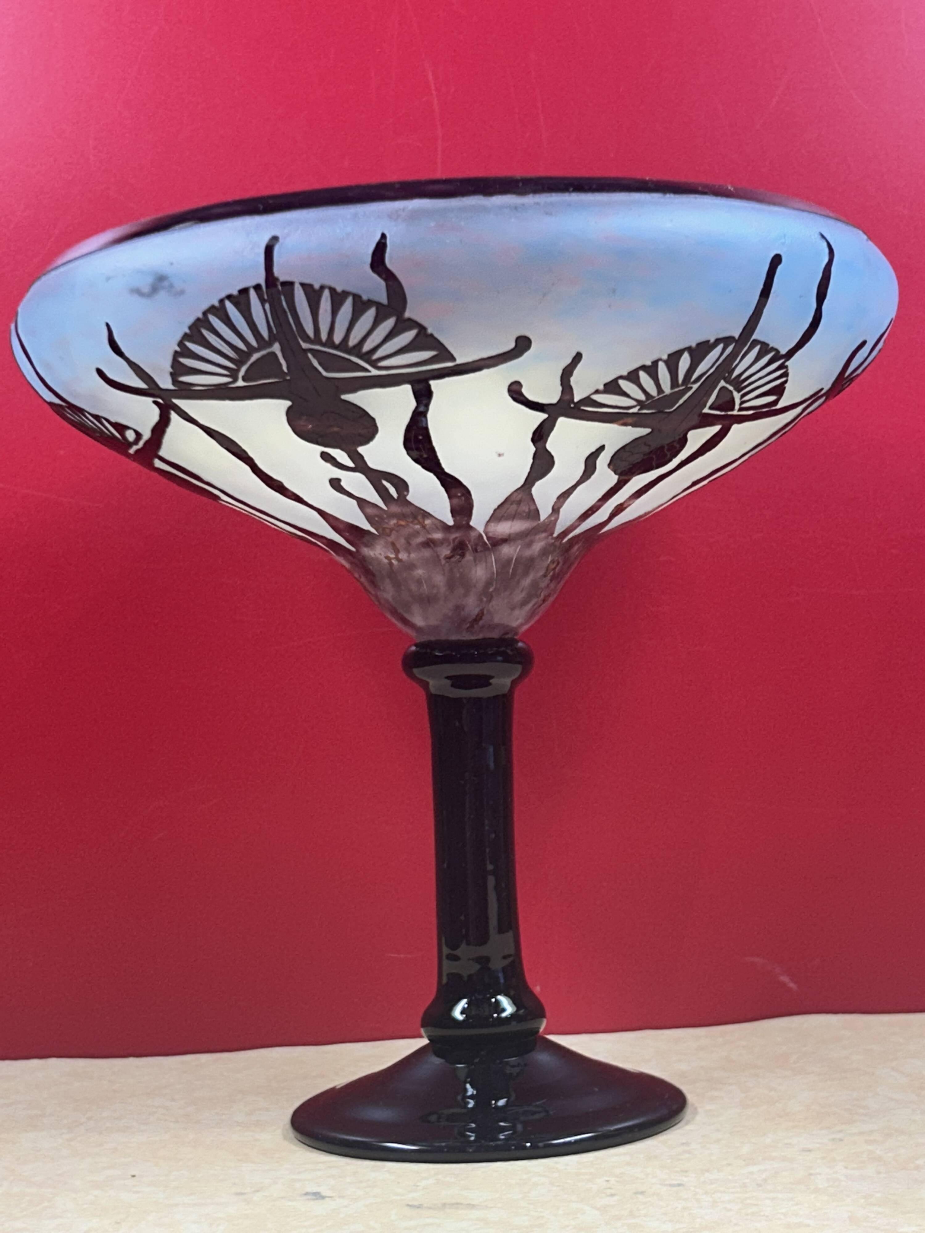 Large plant bowl vase of Thistles Signed Le Verre Français Art Nouveau 192