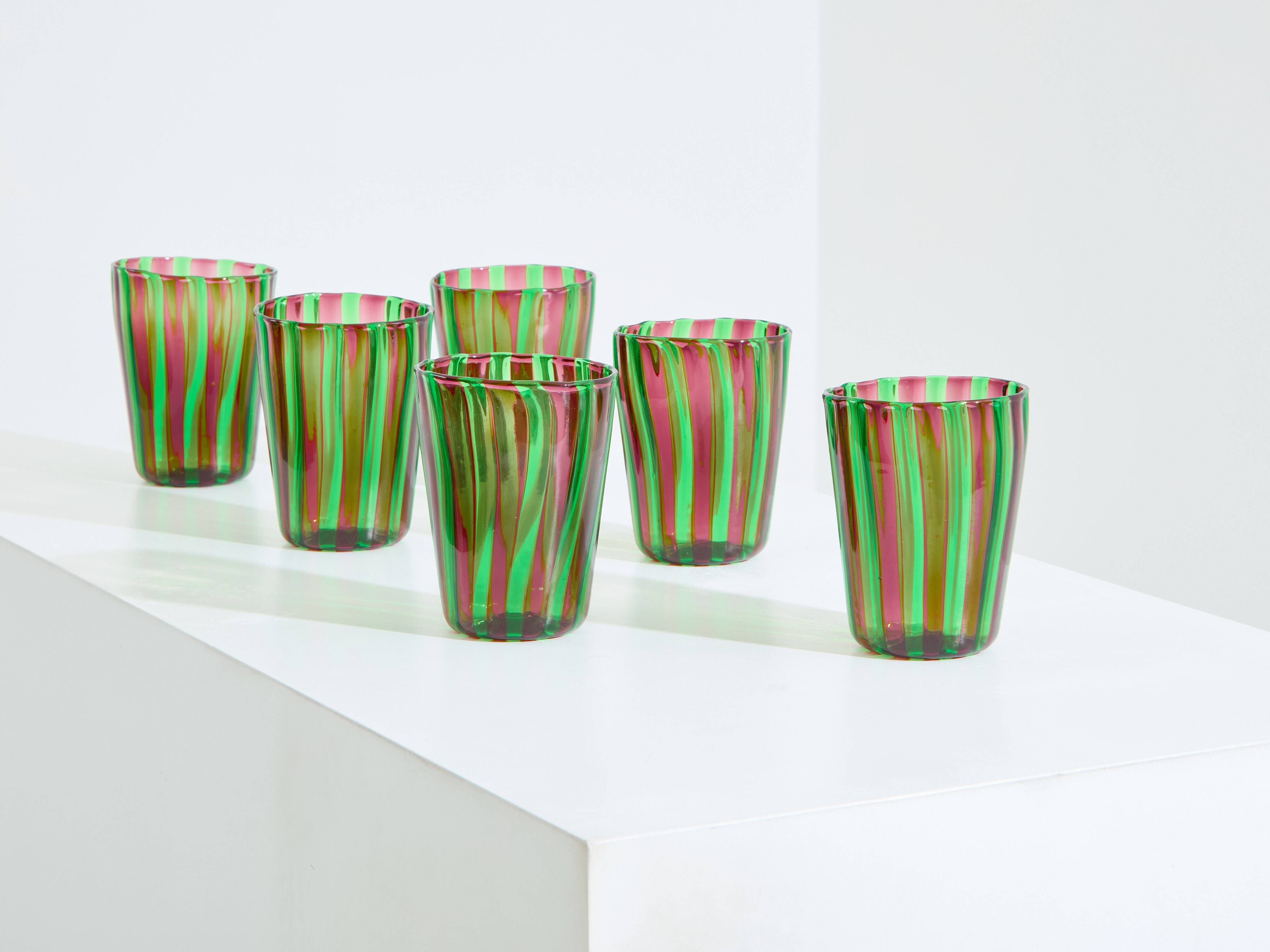 Set of 6 green and purple Murano tumbler glasses circa 1980