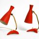 Pair of red Mid Century Modern Diabolo crow's foot table lamps from Cosack