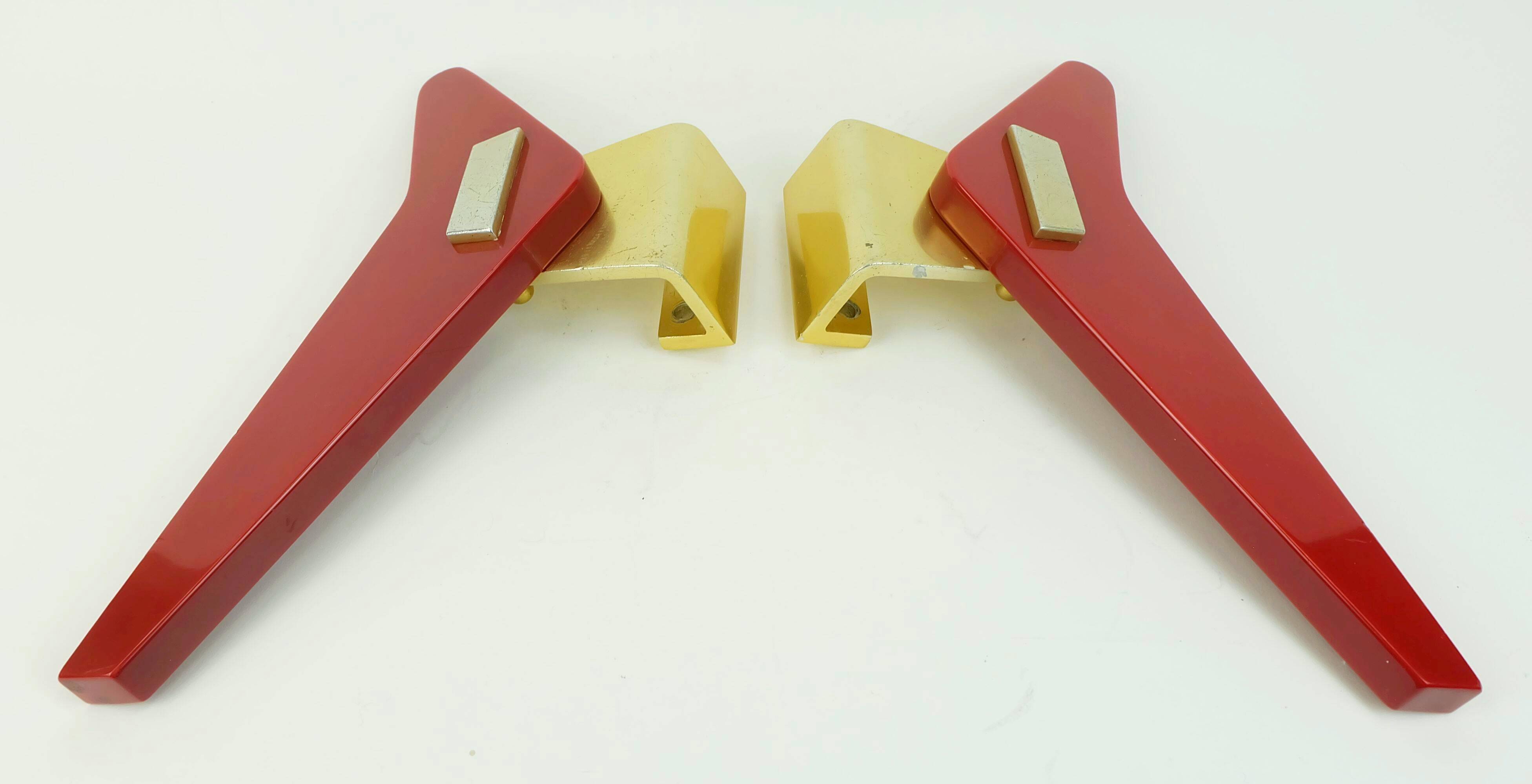 1950s streamline DOOR HANDLES push handles red bakelite and aluminum