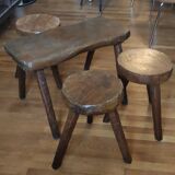 Ensemble salon brutaliste table basse avec 3 tabourets/design 20 ème