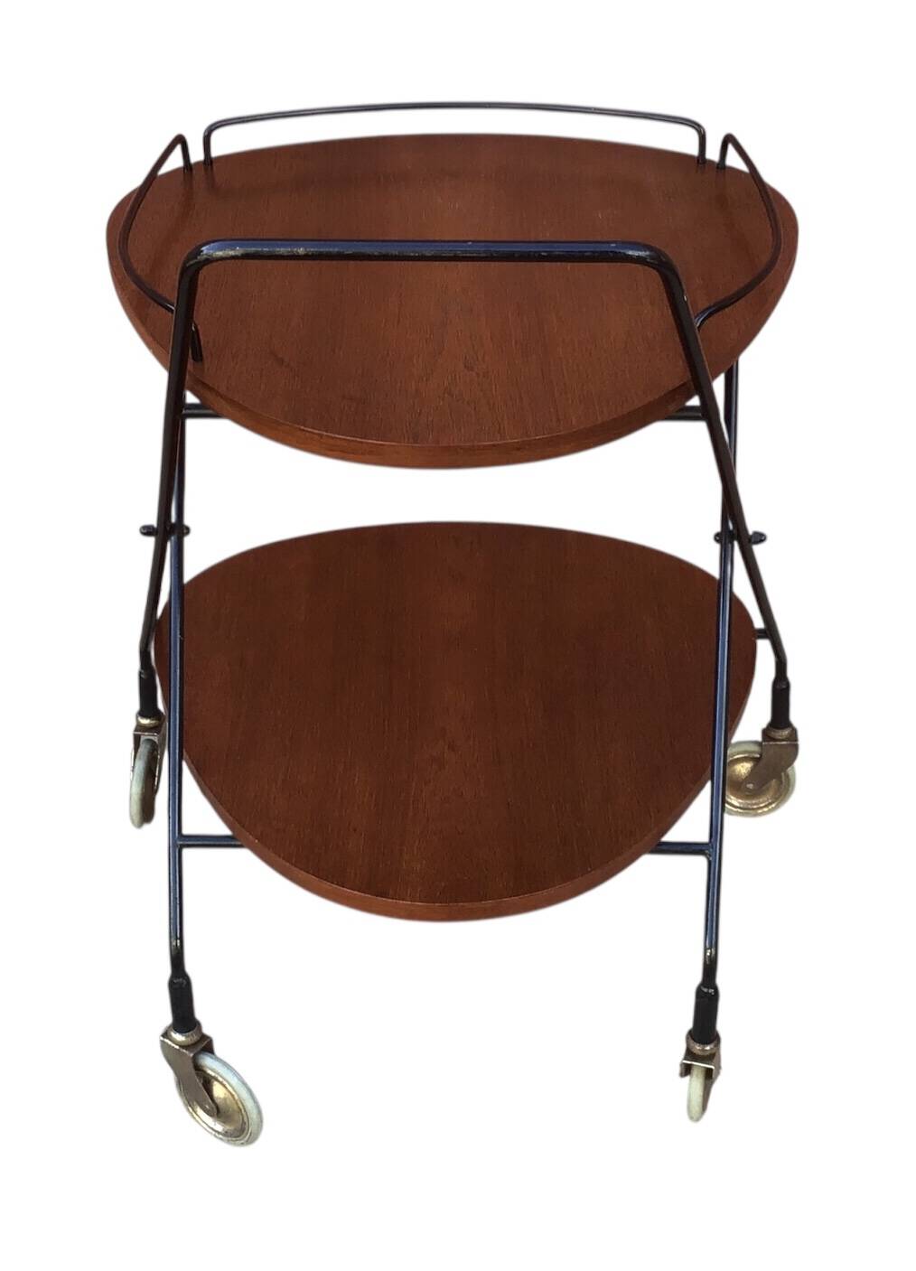 Vintage Scandinavian serving trolley in teak and metal, metal wheels, 1960s