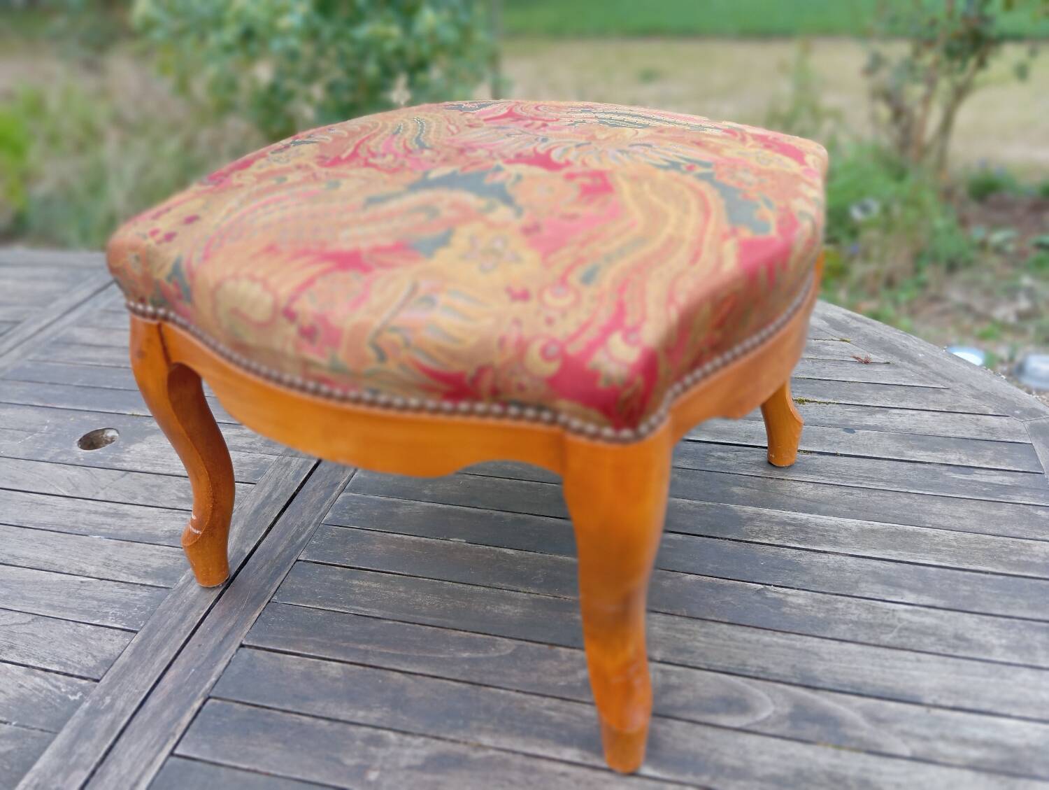 Louis XV style footrest stool pouffe wood and fabric