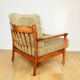 Wooden vintage brown armchair, olive green, long pile on removable cushions