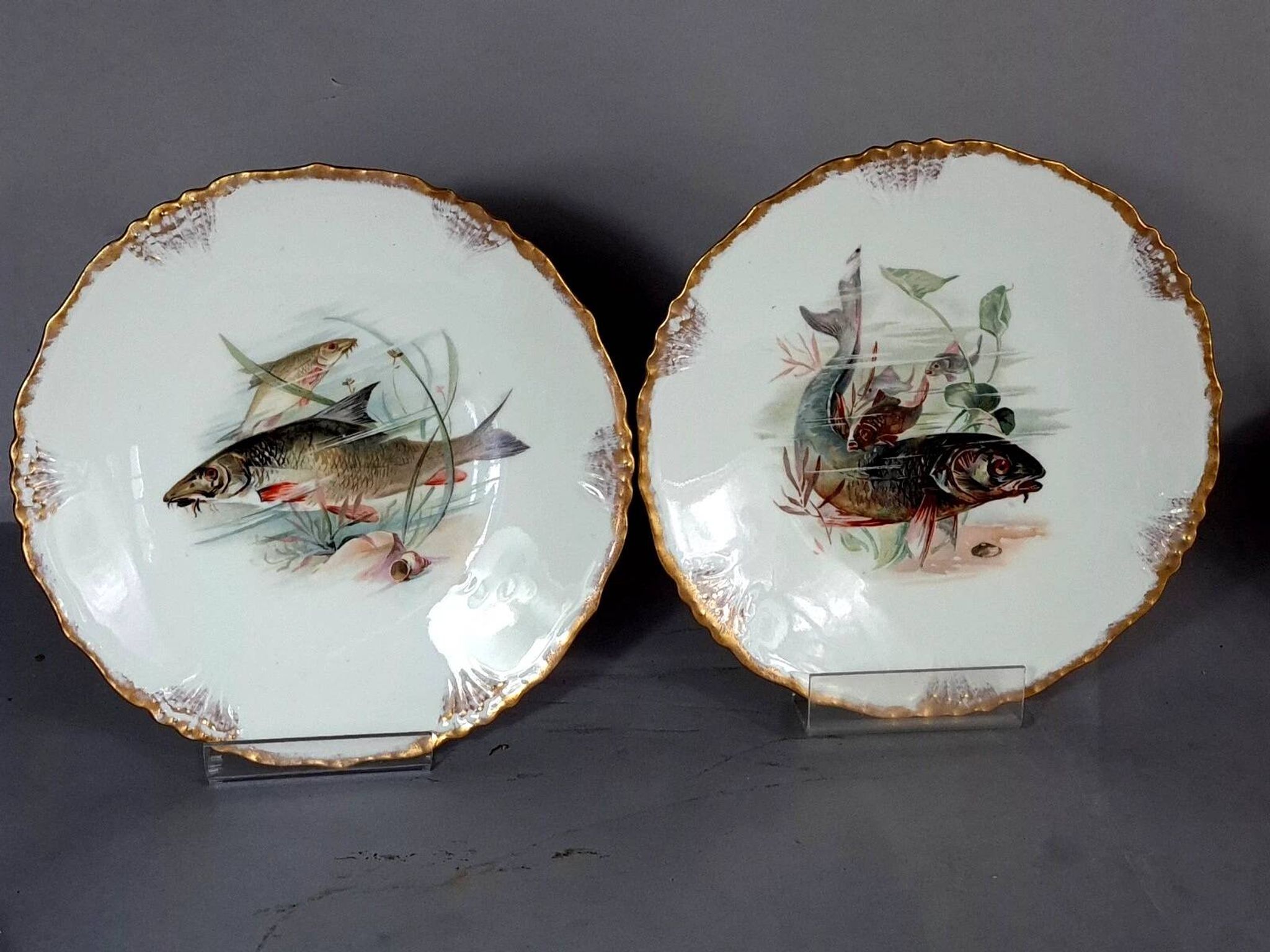 Antique fish service J. Pouyat porcelain Limoges plate 61 cm, 8 plates