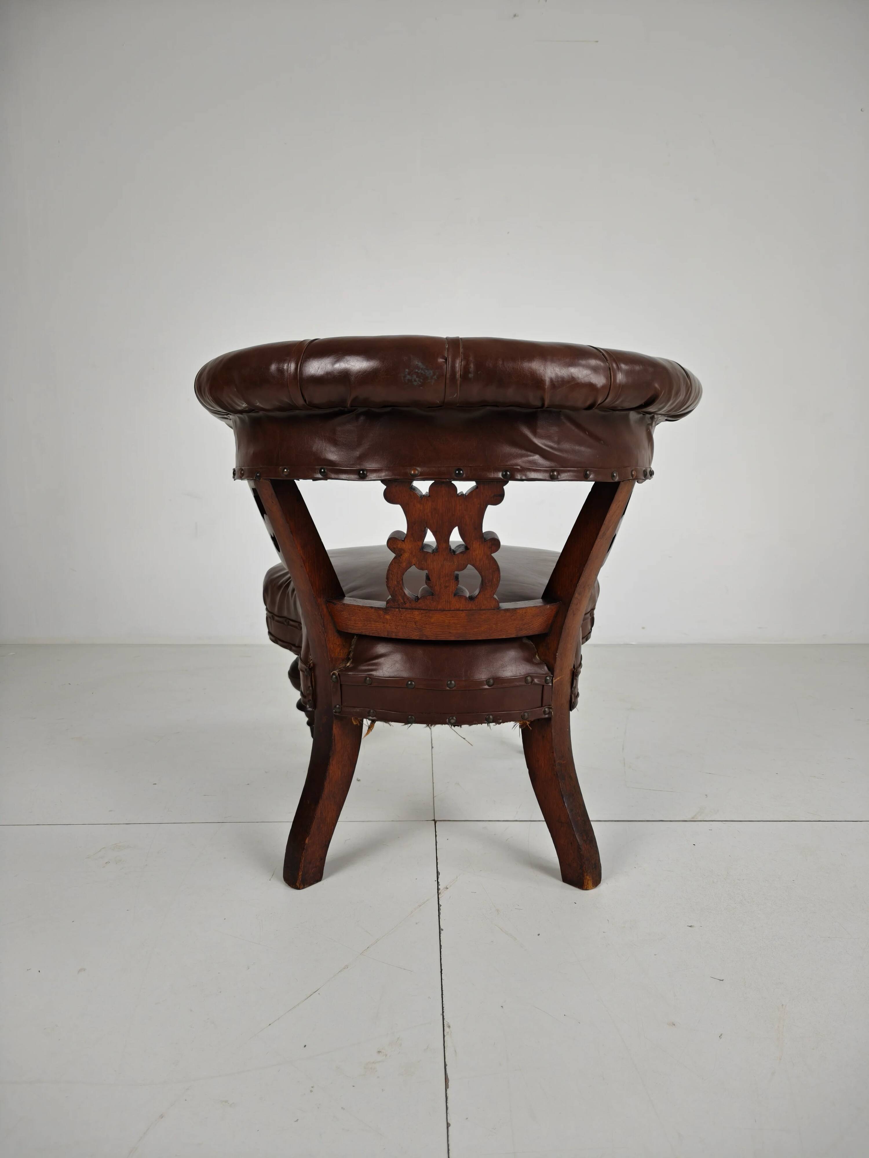 Antique leather armchair by Robson & Son – carved wood & castors, Newcastle