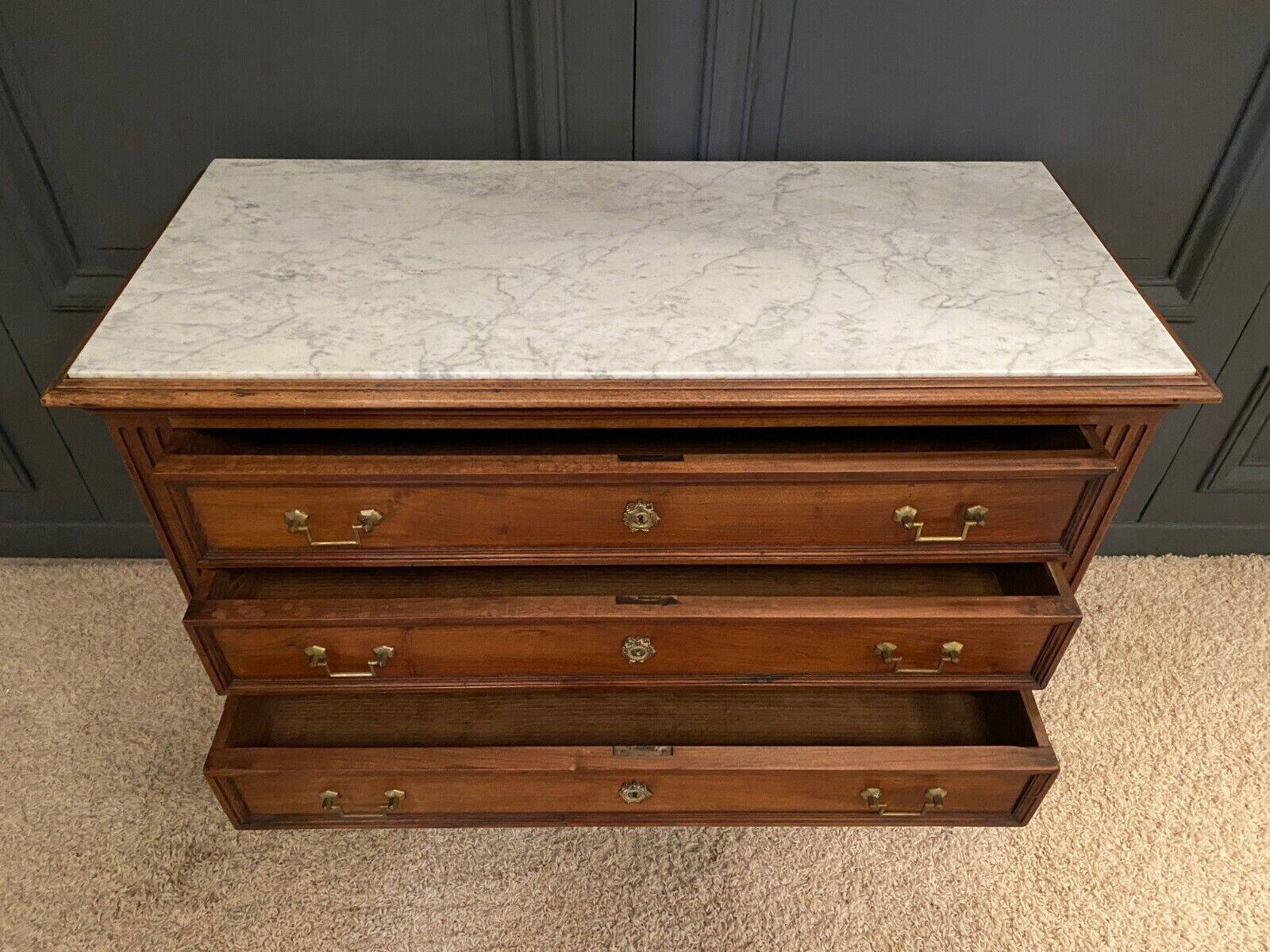 19th century Louis XVI style chest of drawers, white marble, fluted 4 drawers