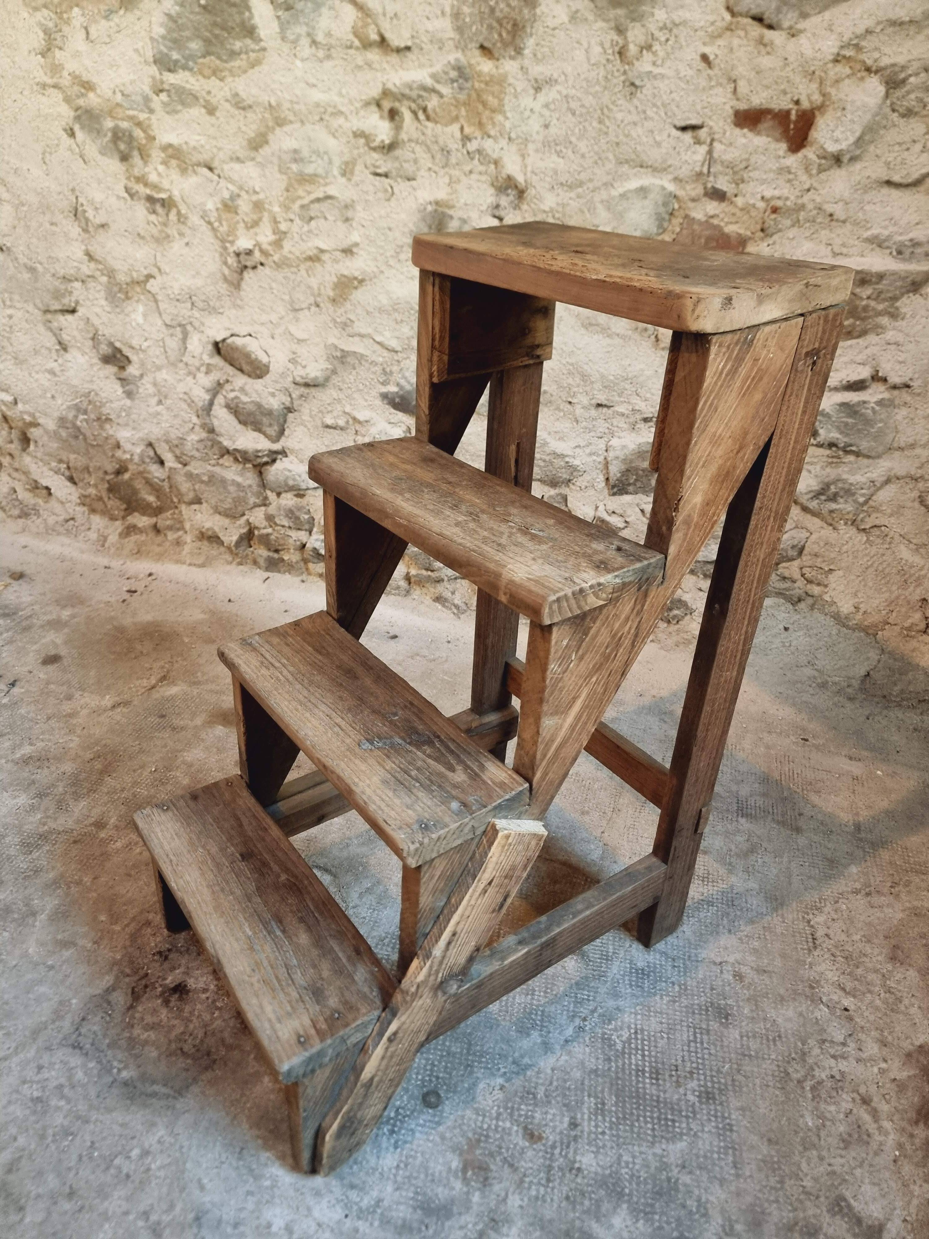 Antique chestnut wood workshop stepladder – France, early 1900s