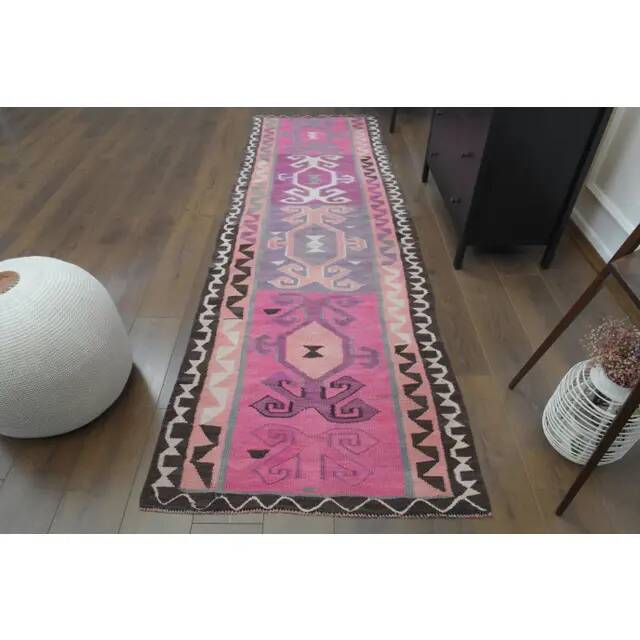 1970s Vintage Turkish Hand-Knotted Wool Cotton Pink Runner Rug 98x303