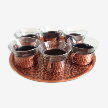 Set de six tasses en verre avec plateau cuivre  style scandinave/ vintage années 60-70