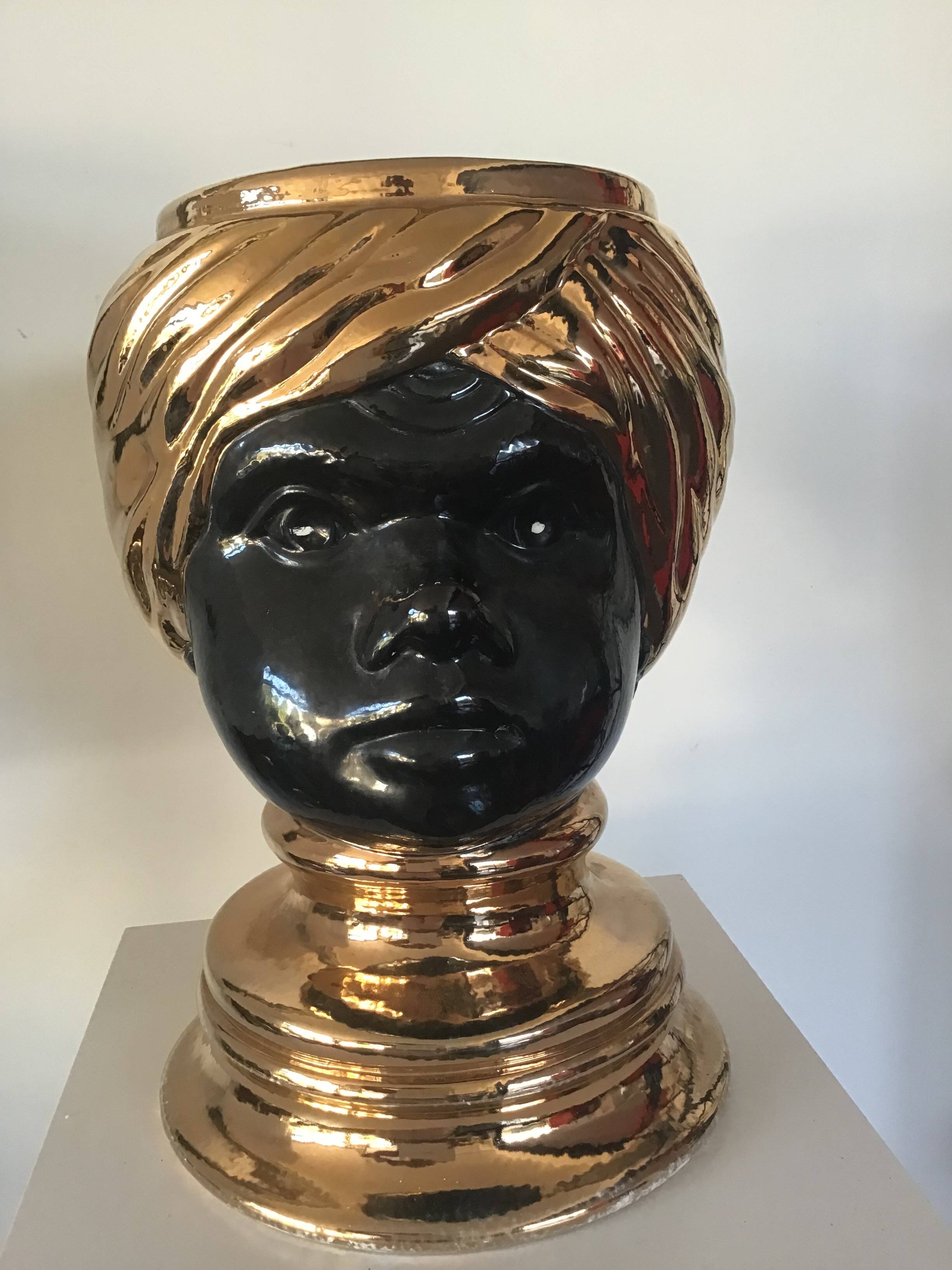 Nubian head vase or pot in black ceramic dlg by Piero Fornasetti