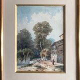 Watercolour painting by M. Romany (?) 1891, tree-lined and lively farmyard.