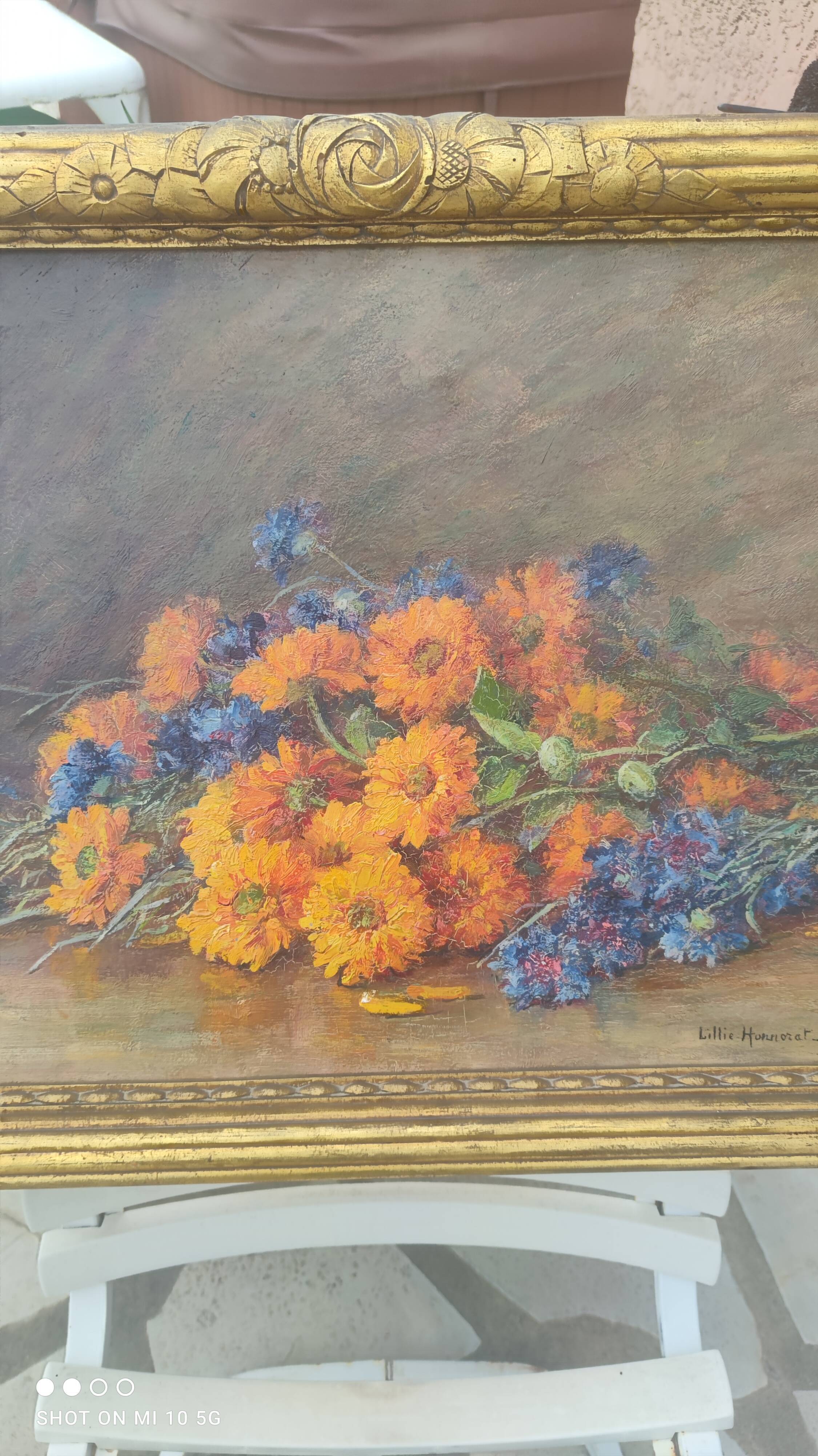 Still life bouquet of flowers, oil on wood by Lillie Honnorat