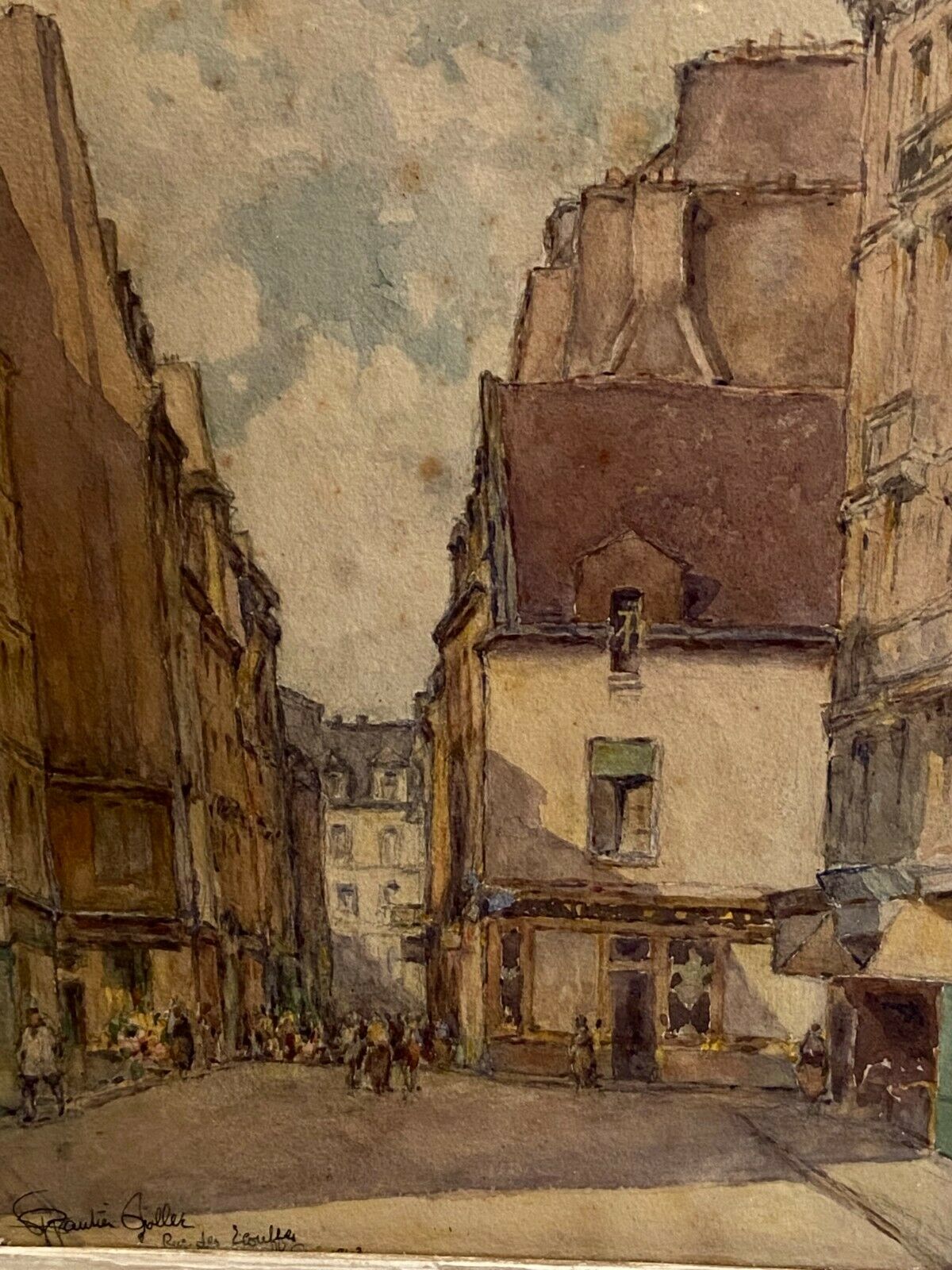 Watercolour view of Paris Rue des Ecouffes signed Gustave Gautier-Gallet 1880-1950