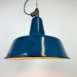 Industrial blue enamel factory lamp with cast iron top, 1960s