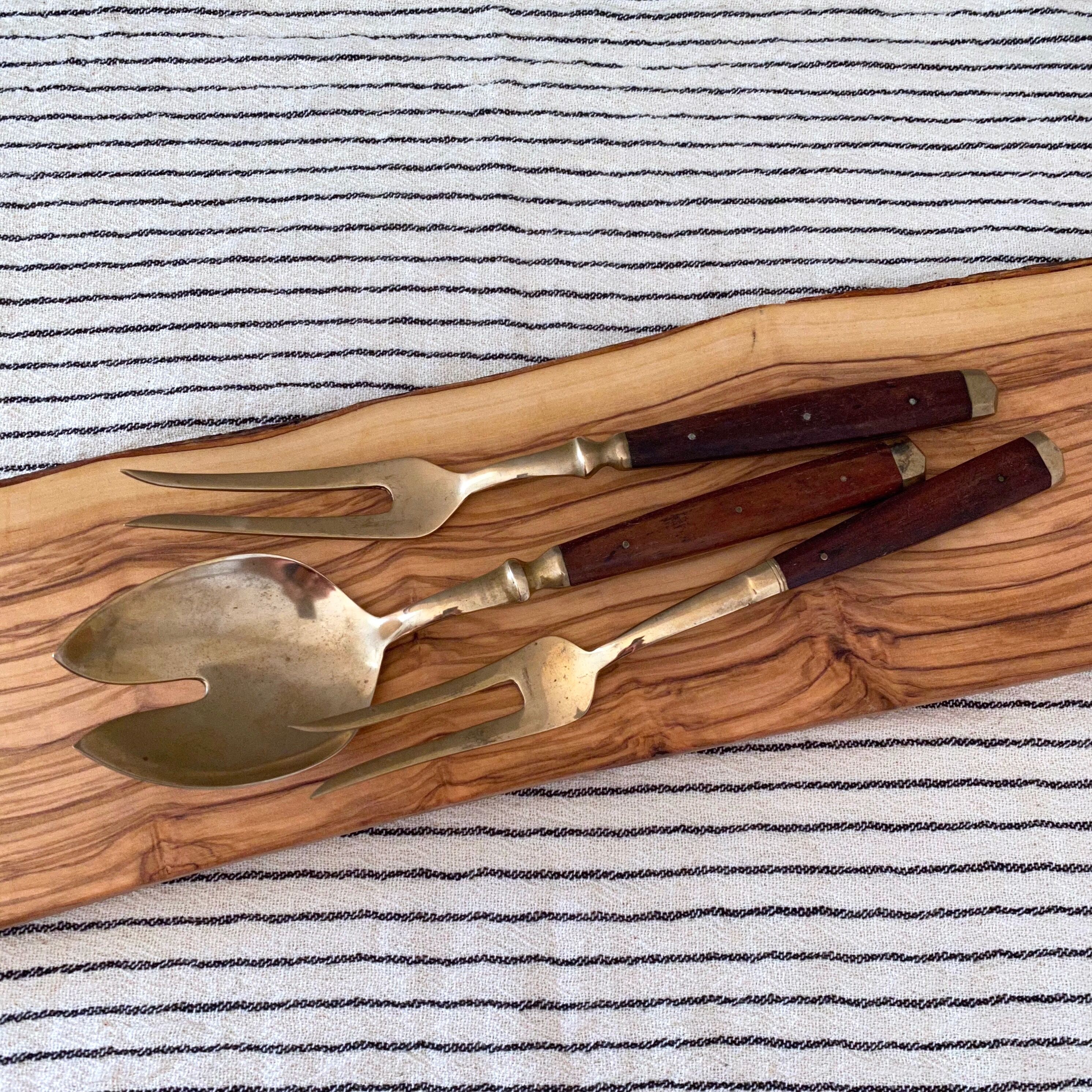 French Vintage Serving Set, Spoon and Fork, Wood Brass, Mid Century Cutlery