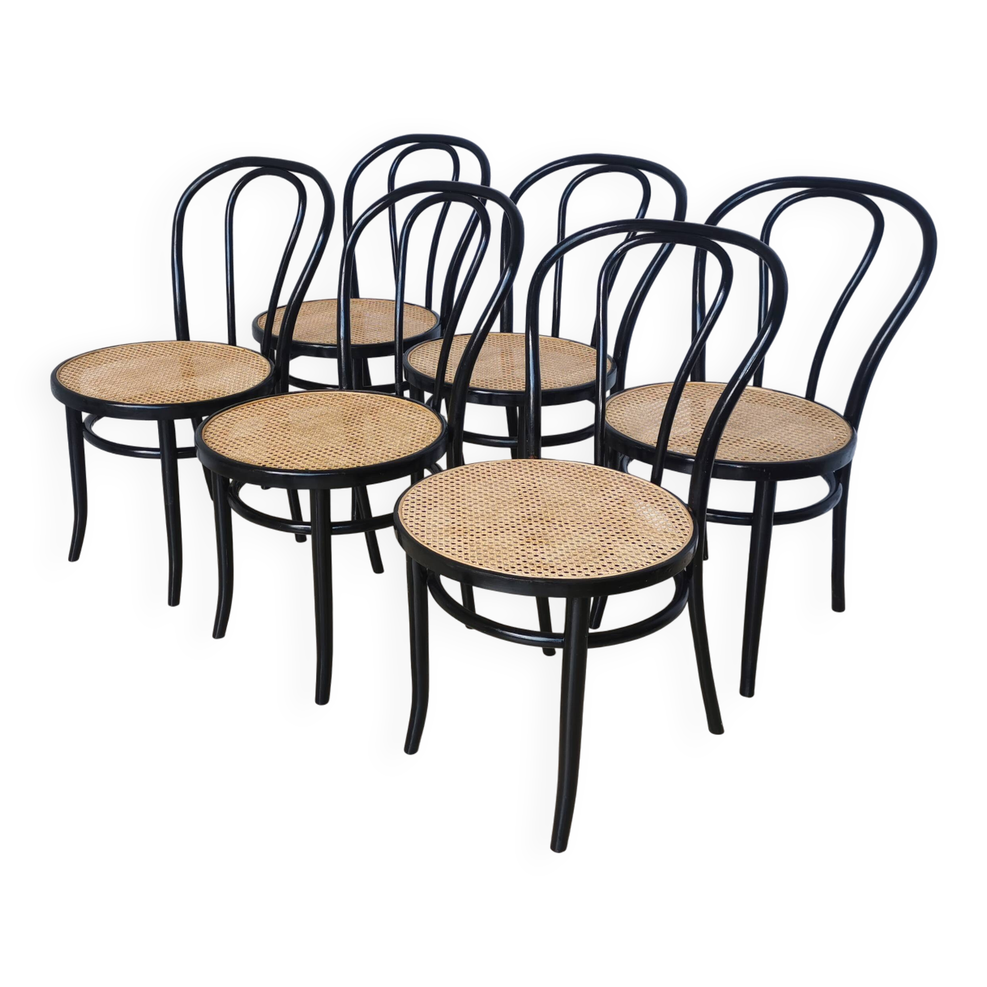 Set of 6 Vintage Thonet Style Dining Chairs: Black Bentwood Cane Seat