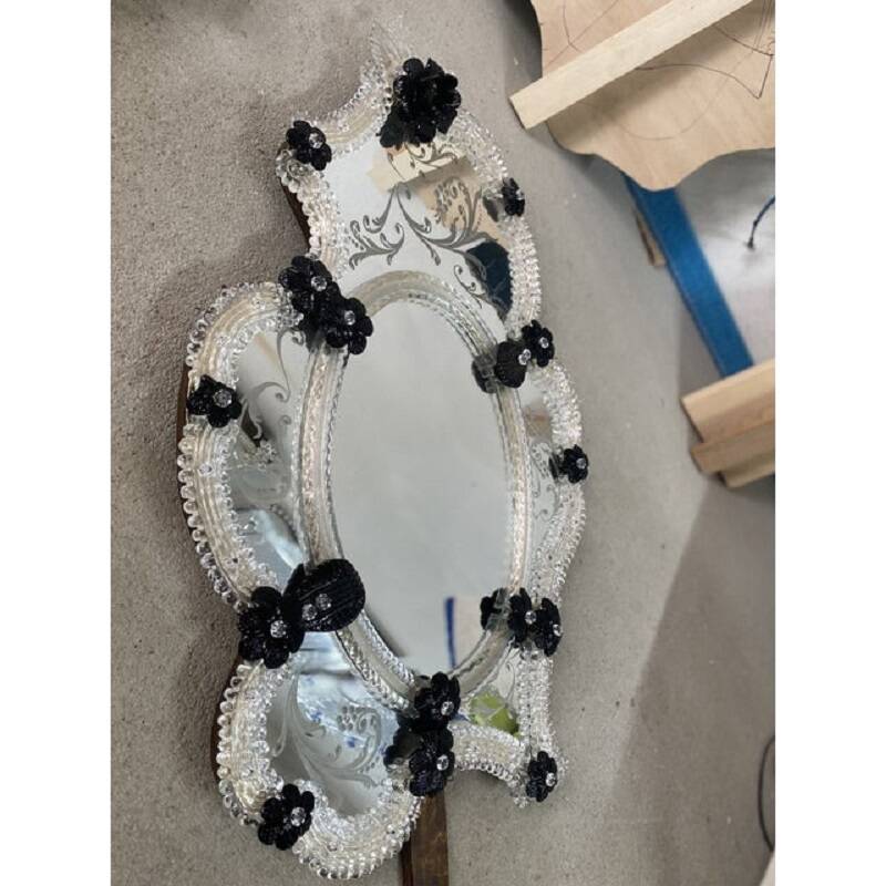 Venetian Black Floreal Hand-Carving Mirror in Murano Glass Style