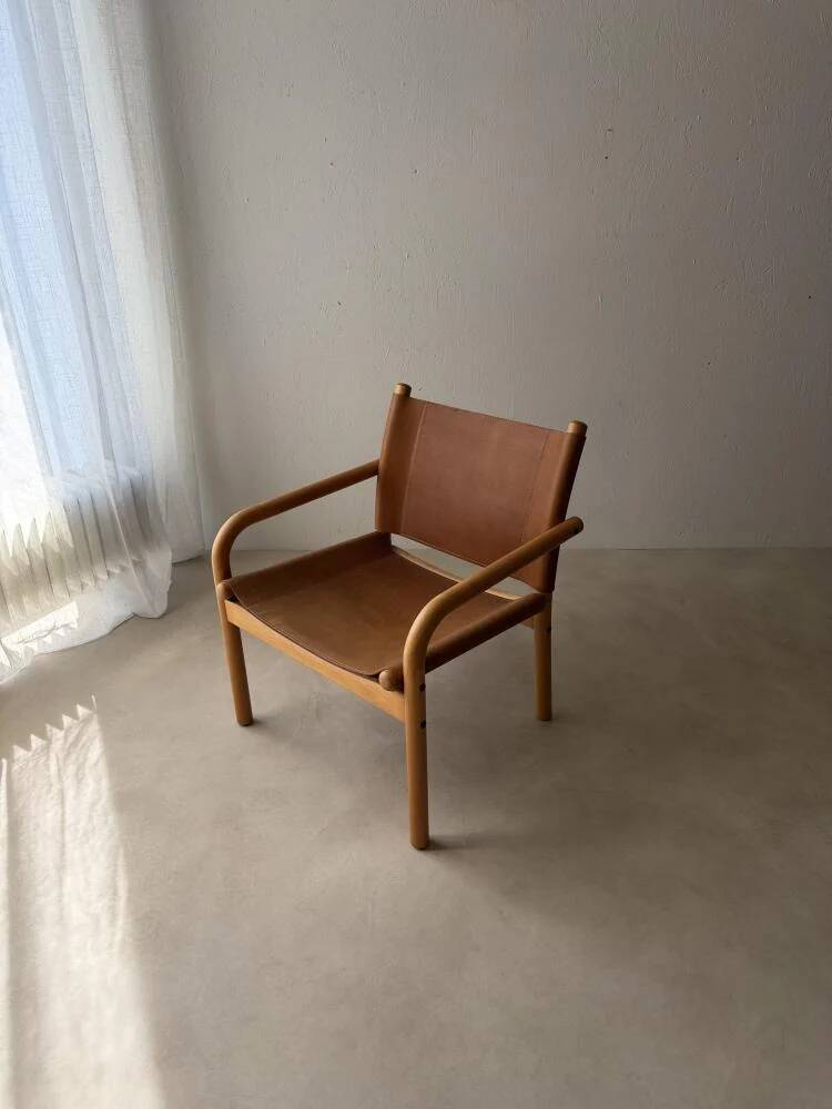Danish safari armchair beech wood leather 1970s