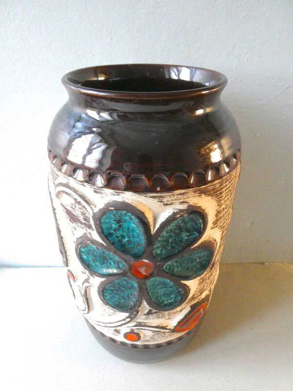 Vase en céramique décor fleurs Bay West Germany années 70