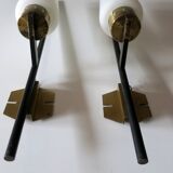 Pair of brass and opaline glass wall lights, Stilnovo period, Italy 1940-50