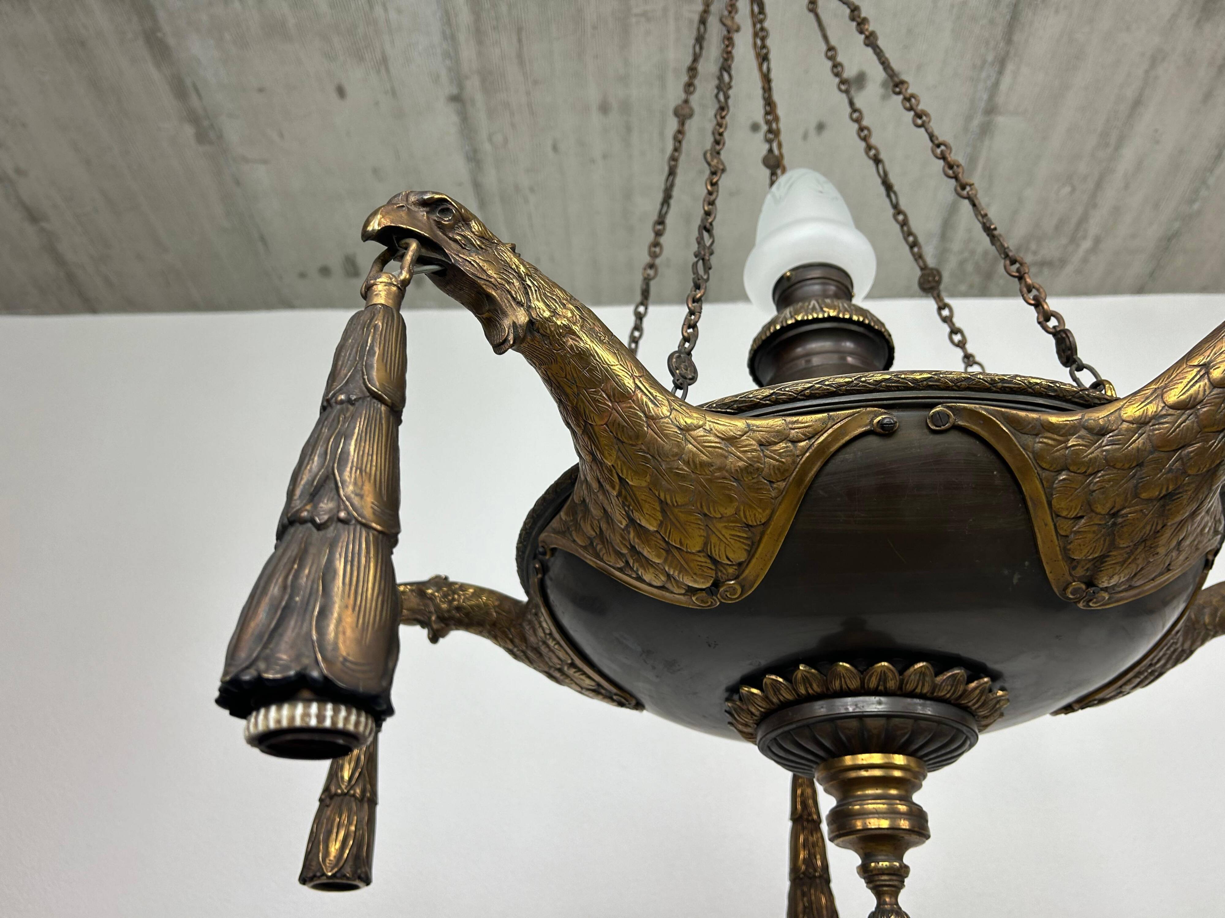 Extraordinary Art Deco chandelier with bronze eagles.