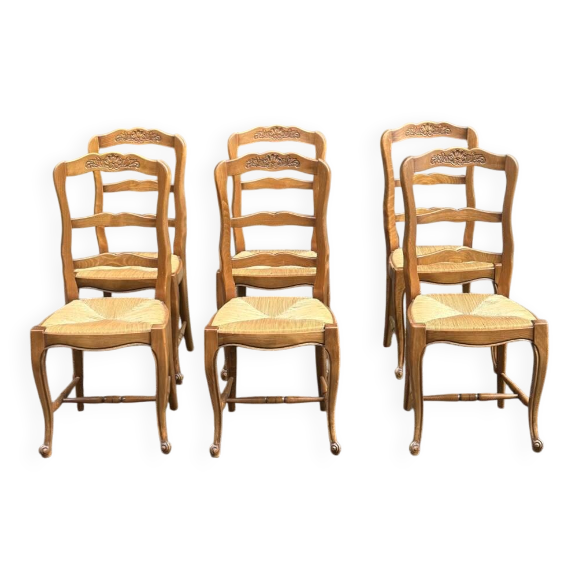 6 Provençal Louis XV chairs in solid wood with rush seats from 1970.