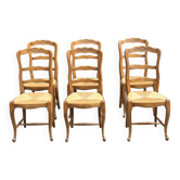 6 chaises provençales Louis XV en bois massif paillées 1970