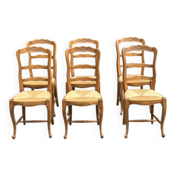 6 Provençal Louis XV chairs in solid wood with rush seats from 1970.