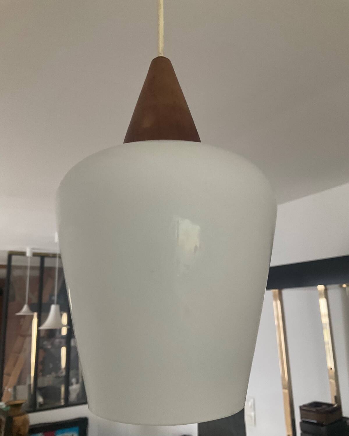Louis Kalff 60s pendant light in teak and opaline
